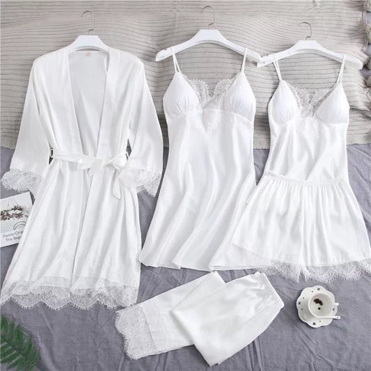 Lace White Silk Pajamas Set