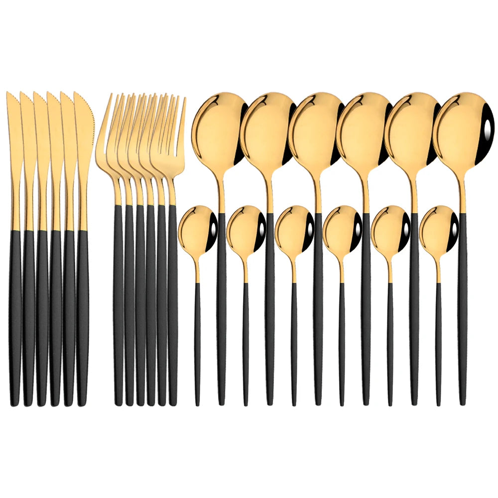24-Piece Black Gold Stainless Steel Dinnerware Set